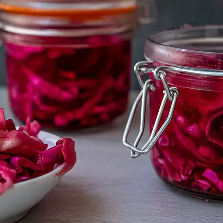Red sauerkraut in jars